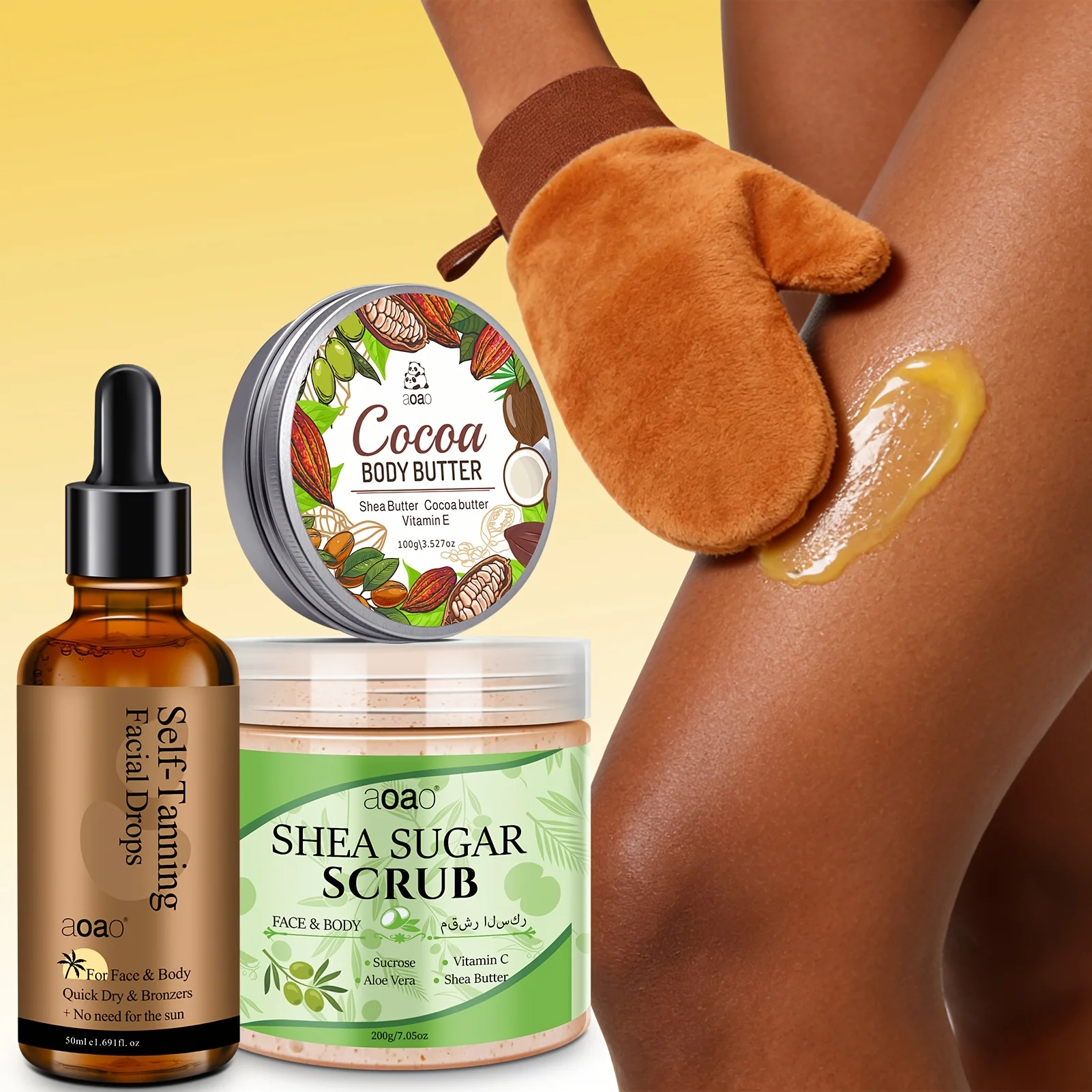 Exfoliante Corporal Reafirmante e Hidratante con Suero Autobronceador, Juego de Guantes de Manteca de Karité para un Brillo Natural, Cuidado de la Piel