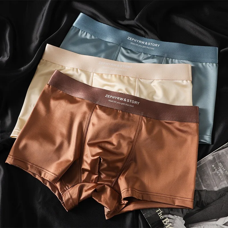 3Pcs Luxury Ice Silk Satin-like Men's Underpants Man Underwear Seamless Panties Smooth Cool Solid Breathable Boxer Shorts