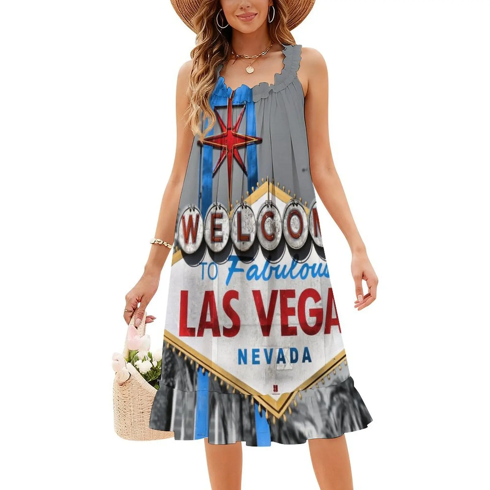 مرحبًا بكم في فستان رائع بخط عنق على شكل قلب من لاس فيغاس، فستان صيفي أنيق للحفلات للنساء، لافتة ترحيب لاس فيغاس فيغاس