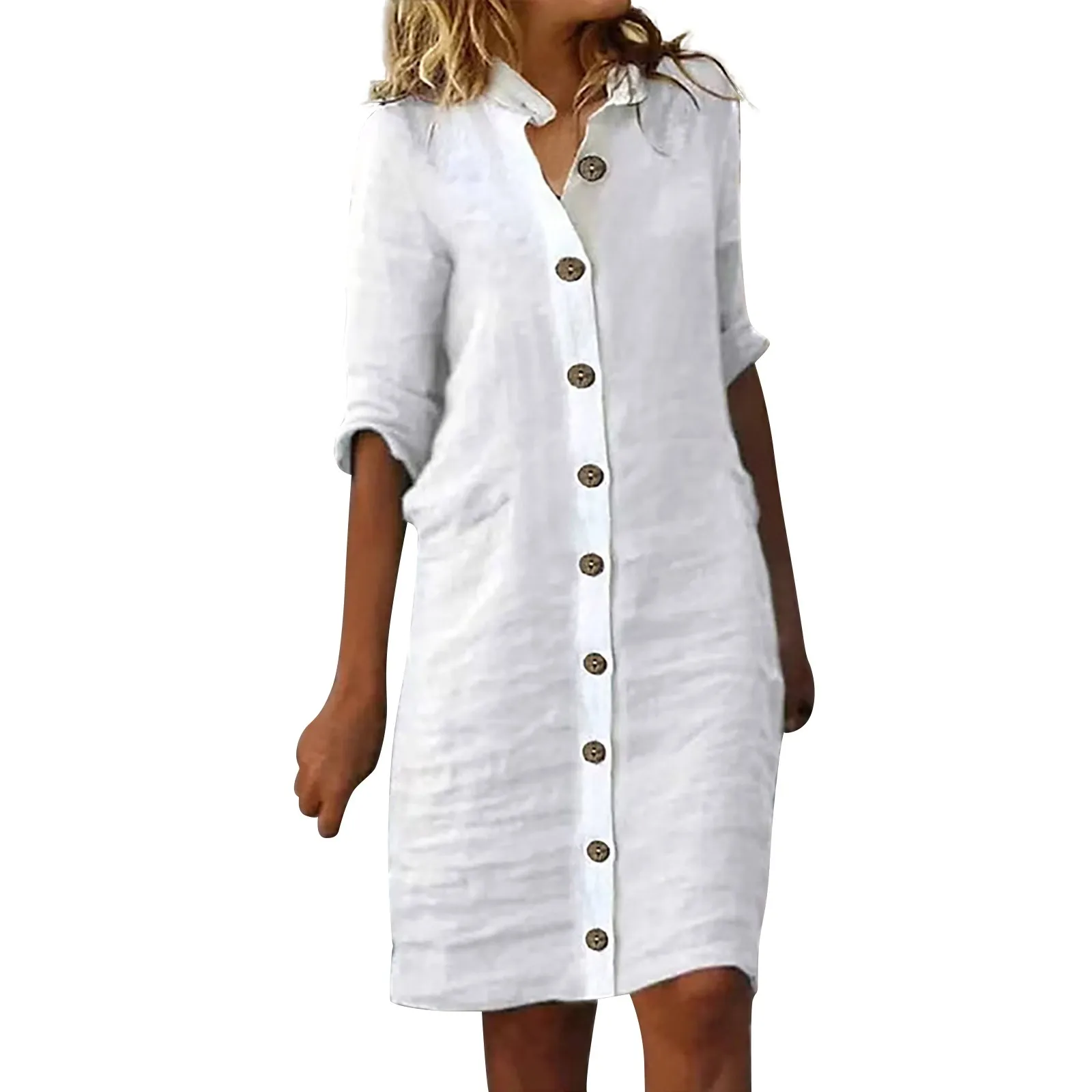 Summer Cotton Linen Shirt Dress Women Button Half Sleeve Casual Mini Dresses Women Elegant Loose Beach Party Dresses Vestidos