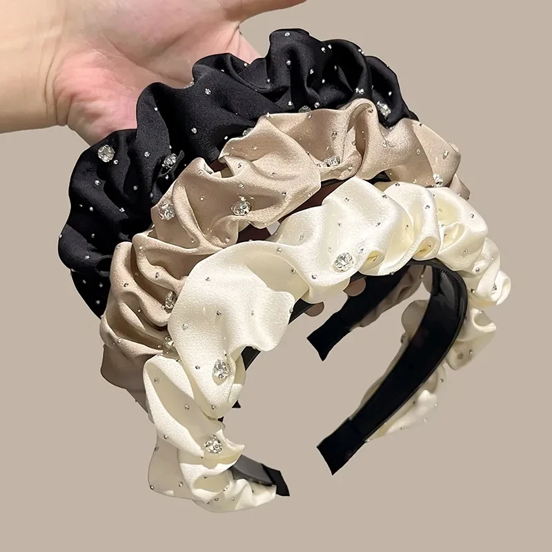 Fascia per capelli a pieghe nera semplice coreana di nuova moda per le donne fascia per capelli larga con strass lucidi accessori per capelli copricapo