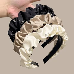 New Fashion Korean Simple Black Pleated Hair Hoop Headband for Women Shiny Rhinestone Wide Hairbands Headwear Hair Accessories