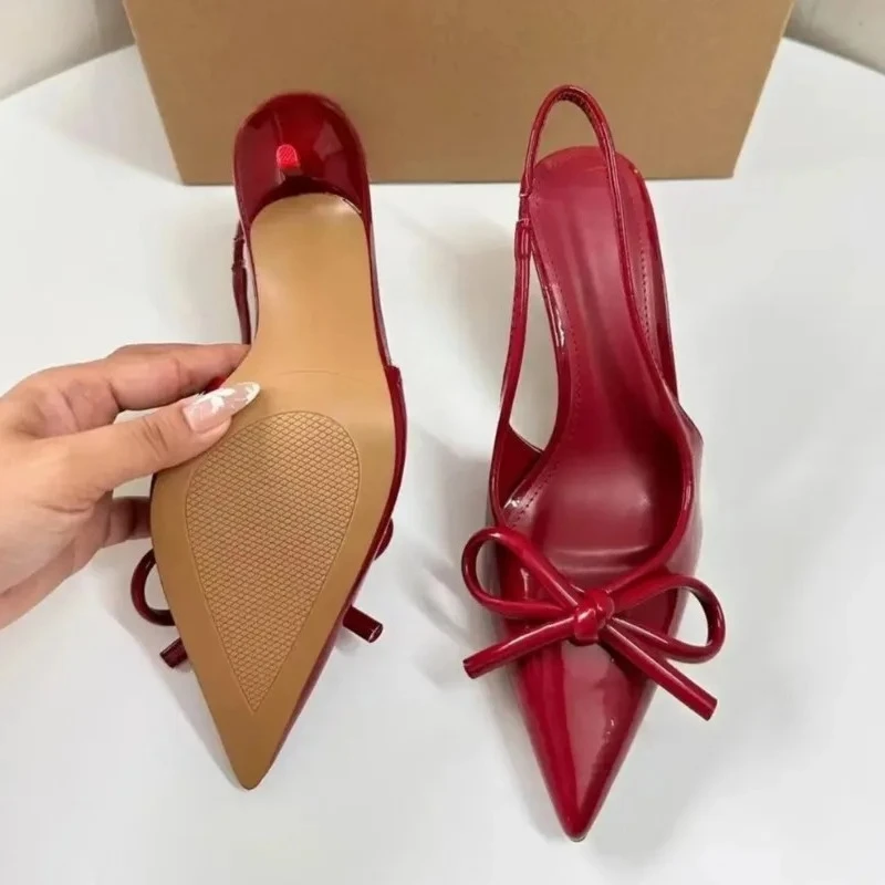 Patent Leather High Heels Women Shoes Elegant Pointed Toe Brand Designer Butterfly-knot Wedding Party Female Slingbacks Sandals
