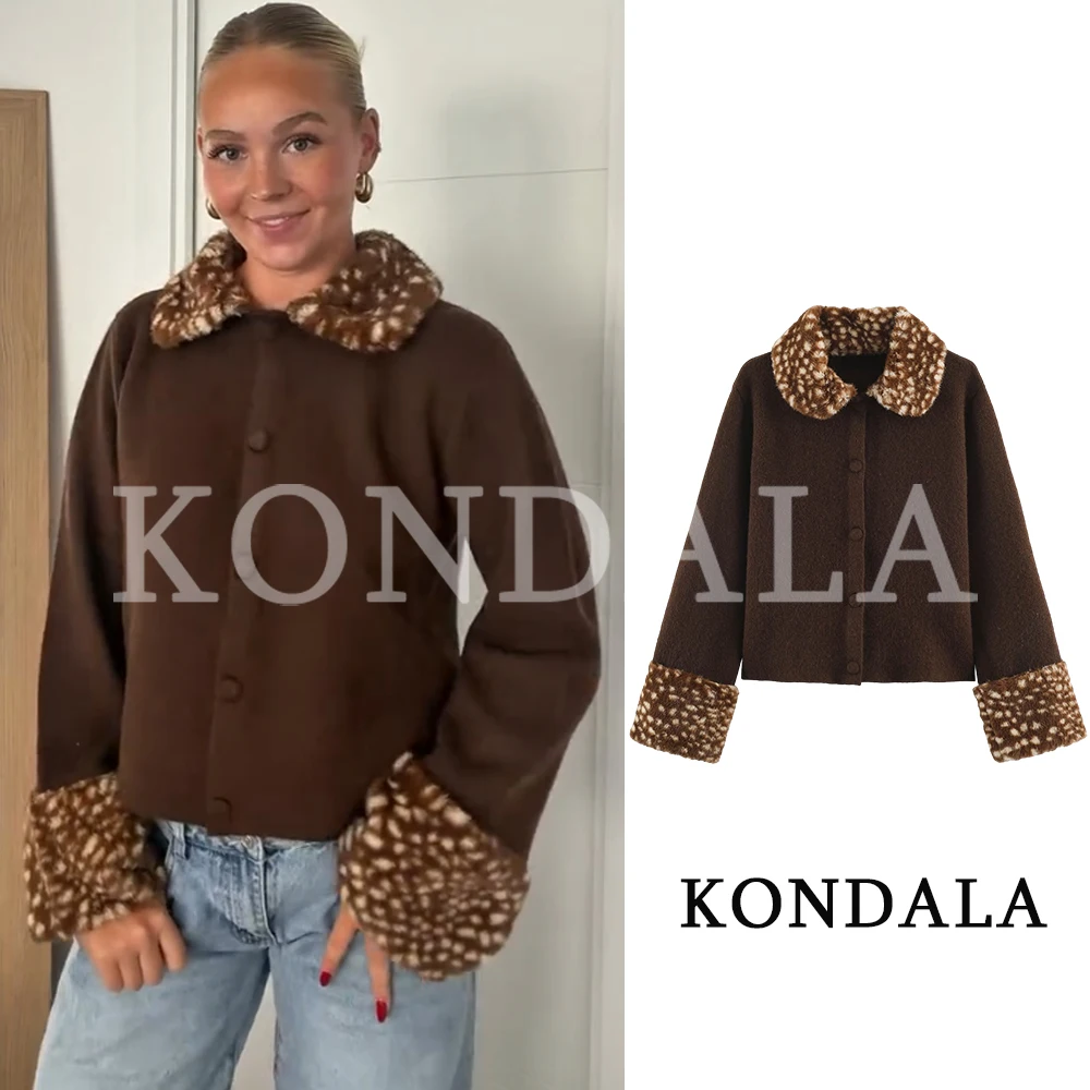 KONDALA Women Elegant Retro Knitted Jacket Chic Faux Fur Collar Buttons Cardigan 2026 Fall Trendy Street Style Casual Cardigan