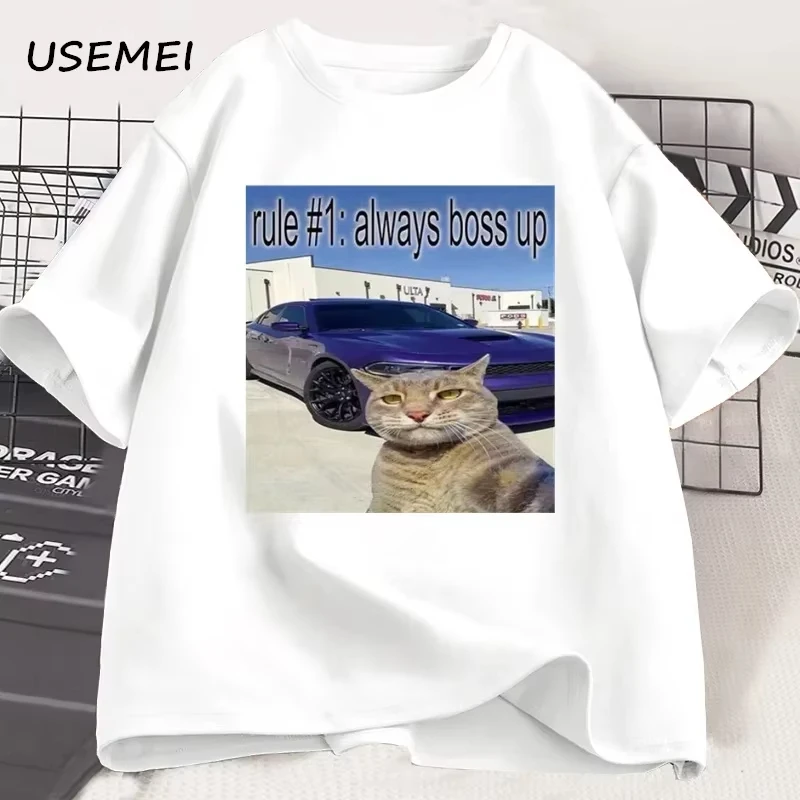 

Summer "Rule #1 Always Boss Up" Cat Meme T-Shirt Men Women Funny Graphic Cotton Loose Short Sleeve Casual Streetwear