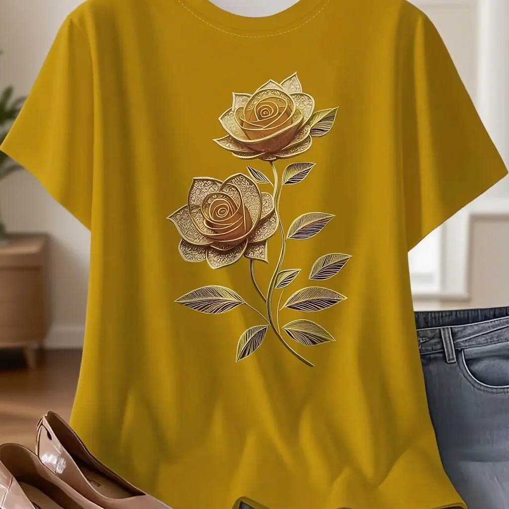 

2025 New Women Plus Size 3D Printed T-shirt Elegant Casual Round Neck Summer Women Casual T-shirt Quick Drying Breathable
