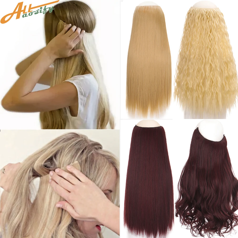 

Allaosify Synthetic Hair Extensions 24" Invisible Wire No Clip In Hair Extensions Secret Fish Line Straight Curly Wig Accessorie
