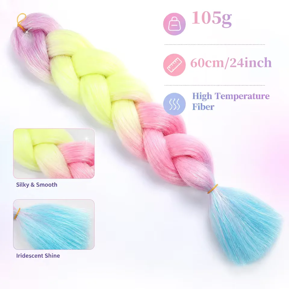 Rainbow Kanekalon Pre-Stretched Jumbo Braiding Hair Ombre Sparkle Synthetic Crochet Hair Extensions for Women Party Festival
