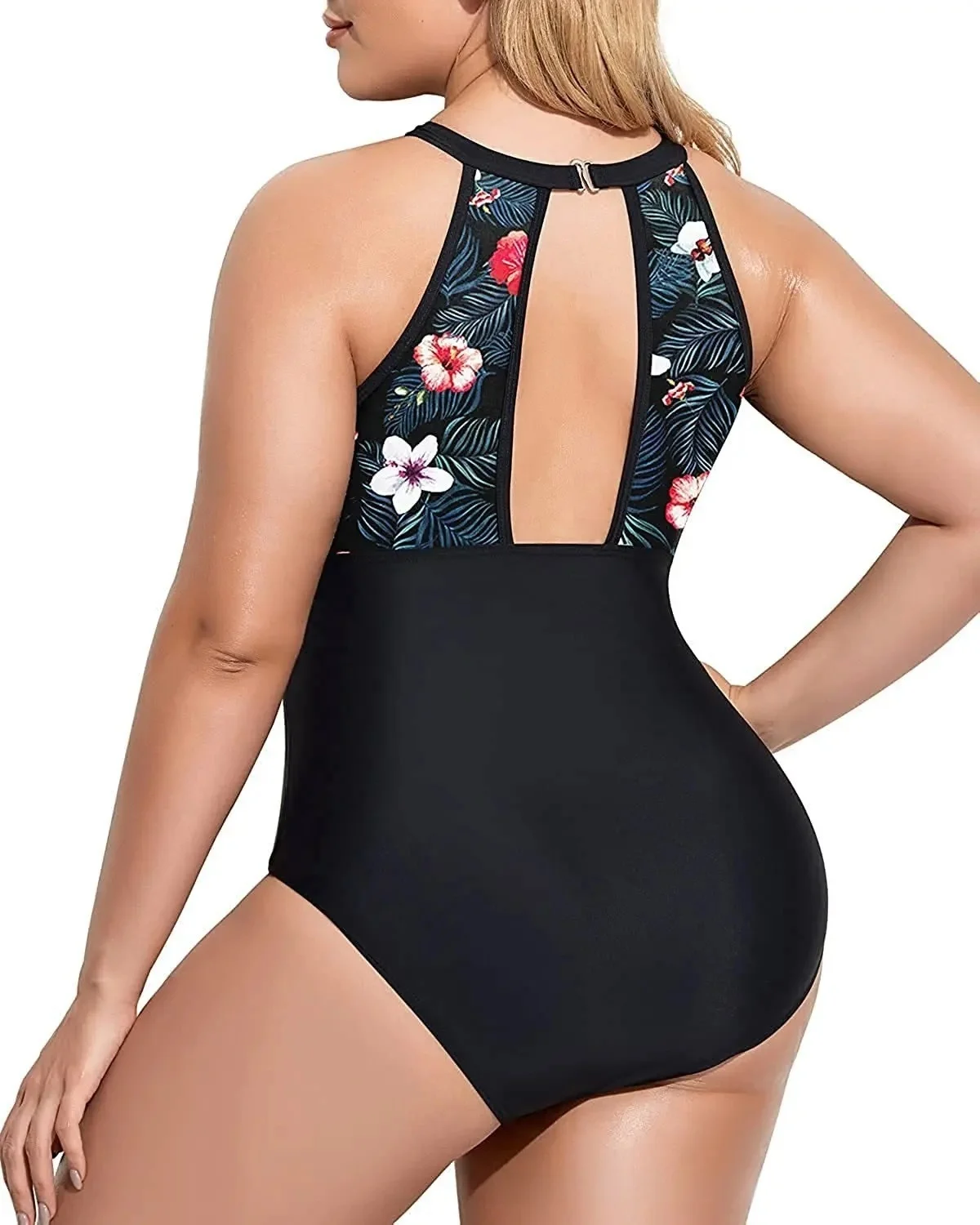 Sexy One Piece Swimsuit for Women - Plus Size High Neck Plunge Mesh Cut Out Bathing Suits
