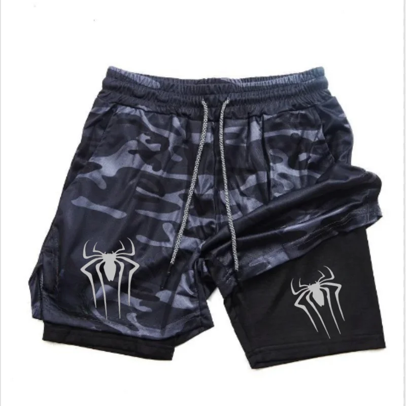 2024 New Spider Logo Men's Two-in-One Sports Shorts Running Quick-Drying Shorts Gym Fitness Training Double Layer