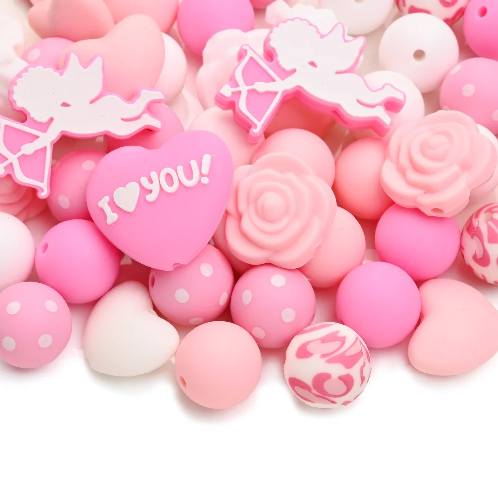 52Pcs Cupid Rose Heart Beads Valentine's Day Silicone Bead Set Jewelry Accessories Holiday Gifts Phone Chain Making Diy Material