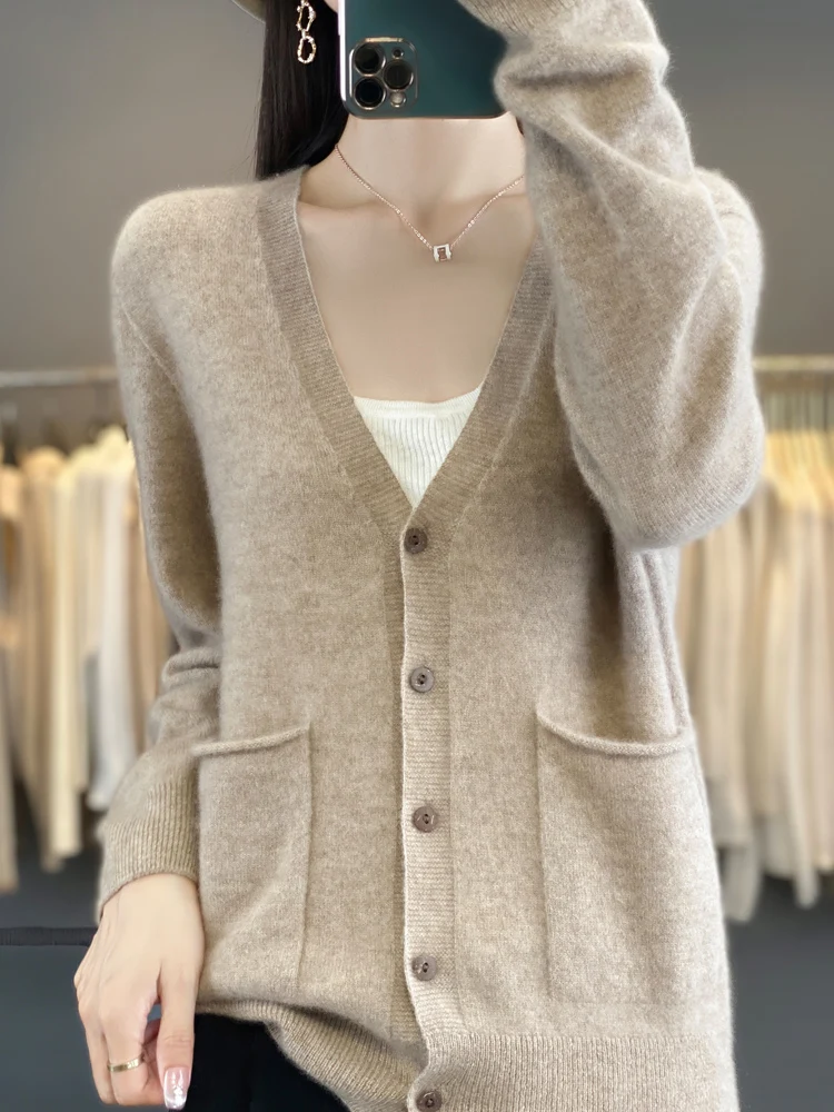 Basics 100% Merino Wool Sweater Autumn Winter Women Knitwear Classic V-Neck Pockets Cardigan Casual High Quality Cashmere Tops