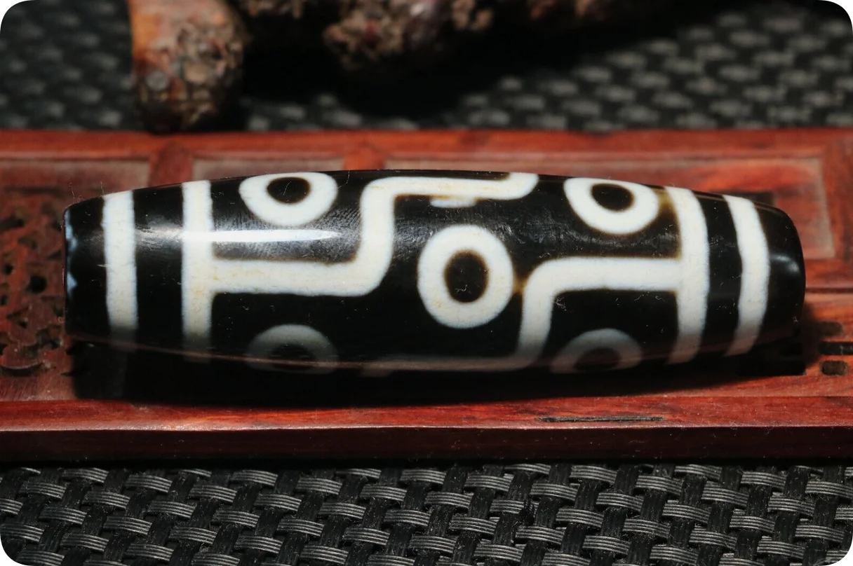 Magic Tibetan old Agate Fold Line 9 Eyed King Master Long dZi Bead Totem 90MM LS