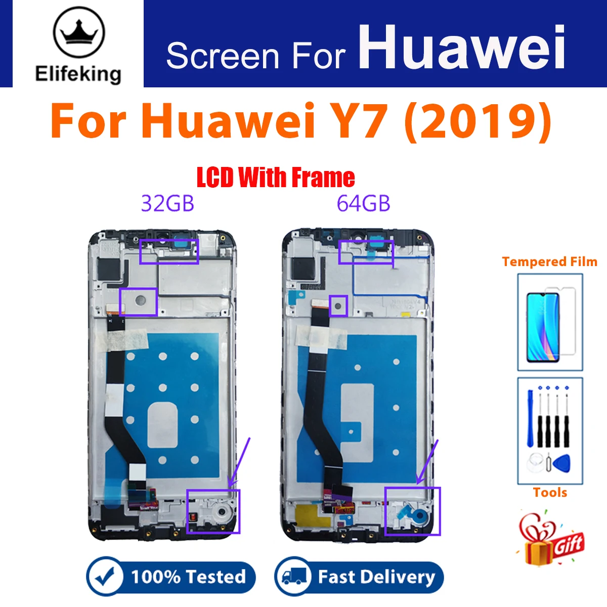 

For HUAWEI Y7 2019 Screen DUB-LX1 DUB-LX3 LCD Display Touch Screen Digitizer Replacement Parts with Free Tools Tempered Film