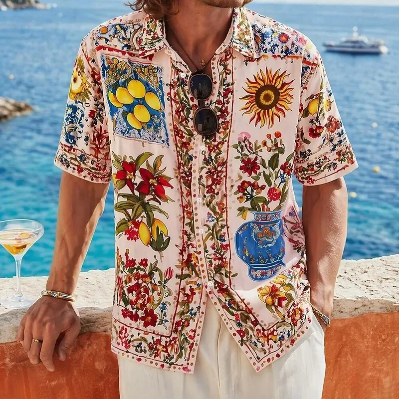 Men's Sicilian Lemon Sunflower Majolica 3D Print Short Sleeve Shirt Tropical Beach Resort Vacation Tops Blue White Spring Summer