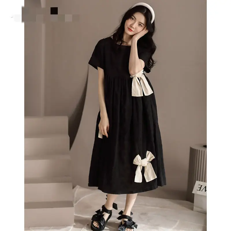 Fashion O-Neck Loose Folds Spliced Bow Casual Dresses Female Clothing 2024 Summer New Oversized Sweet Short Sleeve Midi Dress