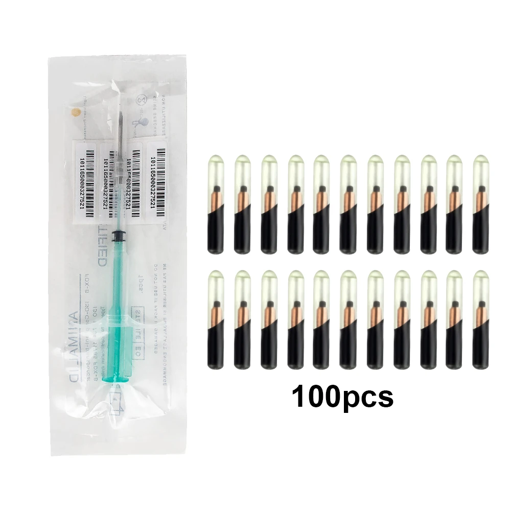 1pcs 134.2KHz Reusable Animal ID Chip Syringe + 100pcs 15-bit Glass Microchips FDX-B ISO11784/85 Eco-friendly for Dog Cat