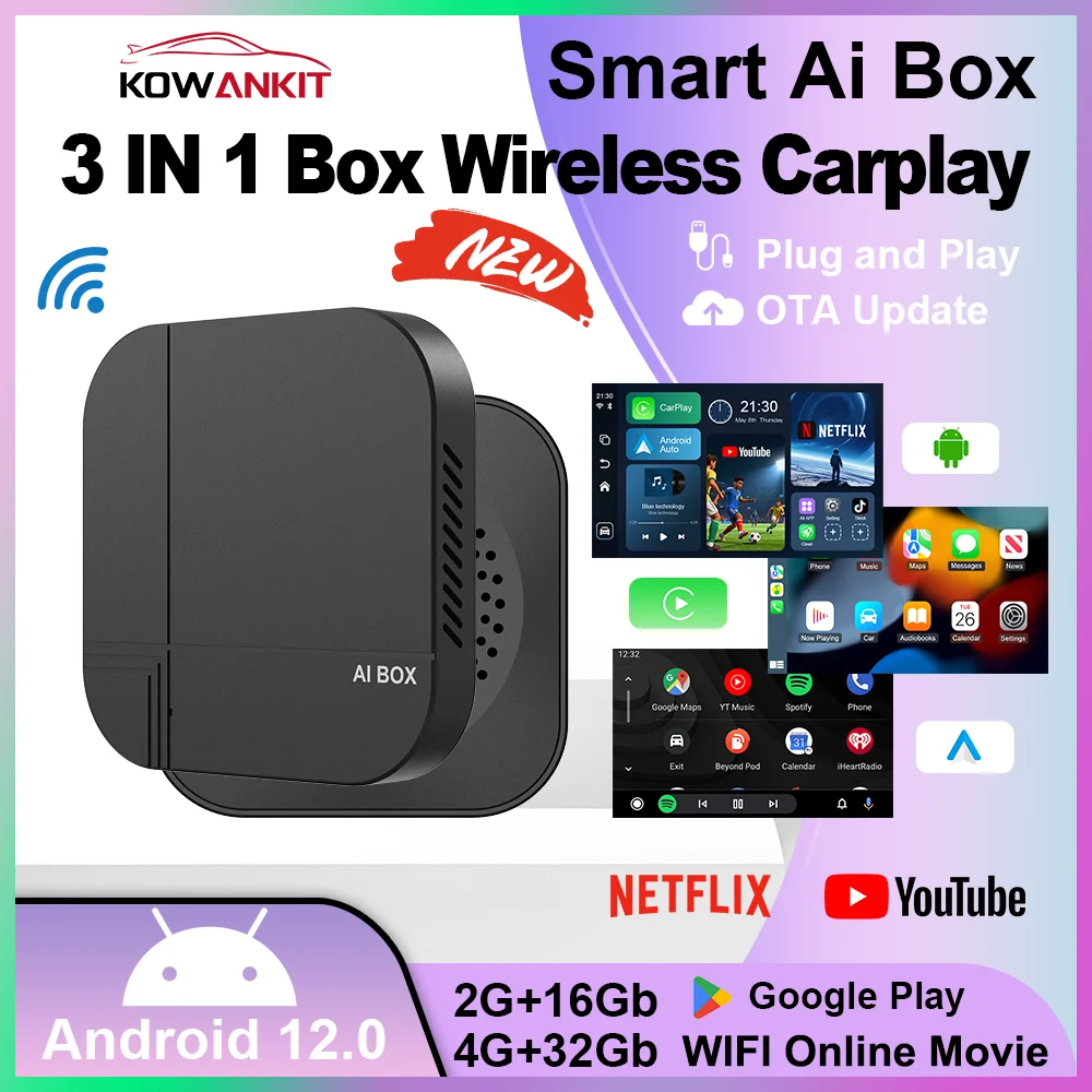 

2026 4+32G Wireless CarPlay AI Smart Box Android Auto 3 in 1 Tv Box Netflix Youtube For Benz Honda Ford Toyota Nissan