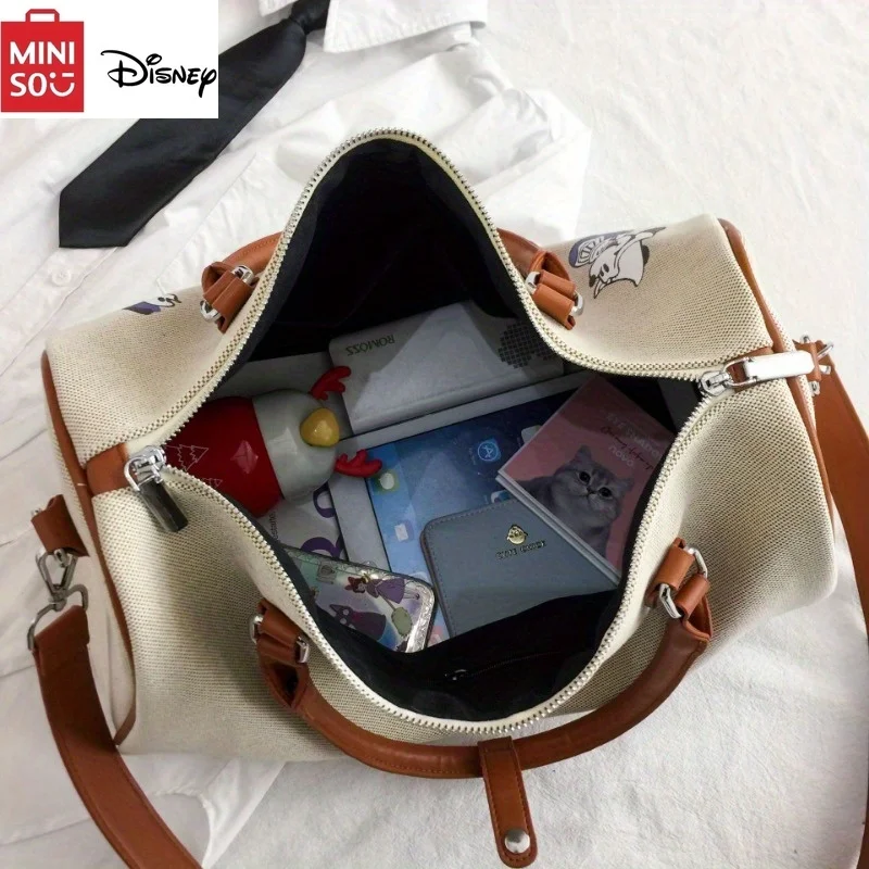 MINISO Disney Mickey Mouse Canvas Tote Bag Large Capacity Travel with Shoulder Strap Cartoon Short Travel Bag Handbag for Women