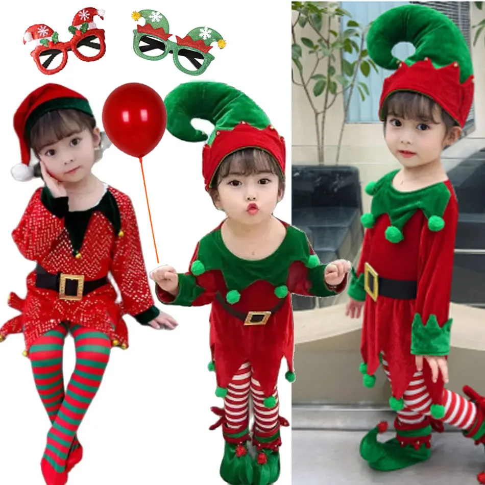 New Year Kids Elf Santa Claus Costume Green Cosplay Christmas Carnival Party Fancy Dress for Girls Boys Red Xmas Clothes Set