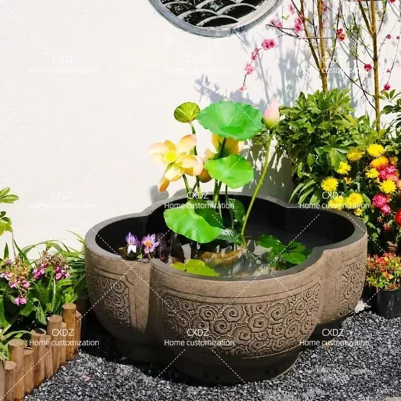 Chinese Style Courtyard Landscaping Decoration Outdoor Garden Ancient Fish Tank Large Water Tank Water Lily Fish Pond Flower