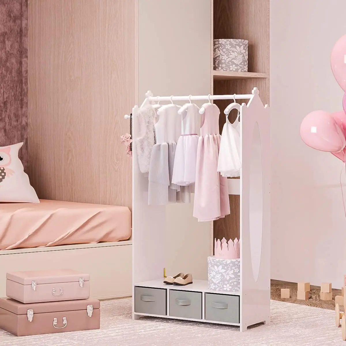 Armoire de Rangement pour Déguisement d'Enfant, Meuble Blanc Ouvert