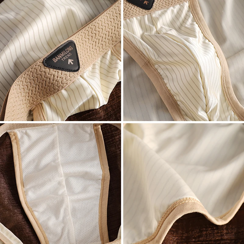 3-Pack Men's Briefs Youth Sports Trunks Breathable Ice Silk Striped Underwear Stylish Men's Underpants