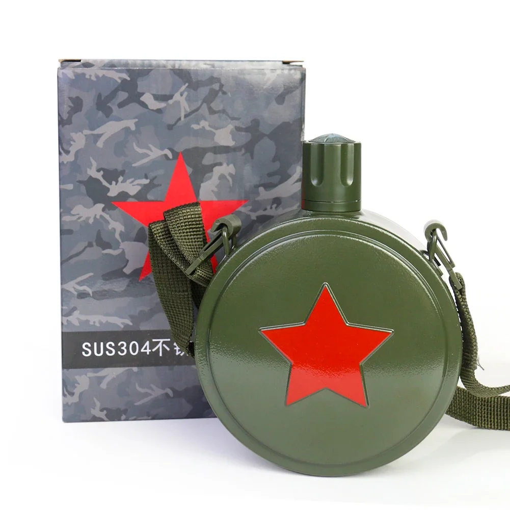 304 Stainless Steel Red Pentagram Star Army Green Round Belly Bottle with Strap Outdoors Portable Water Bottles Drinkware Supply