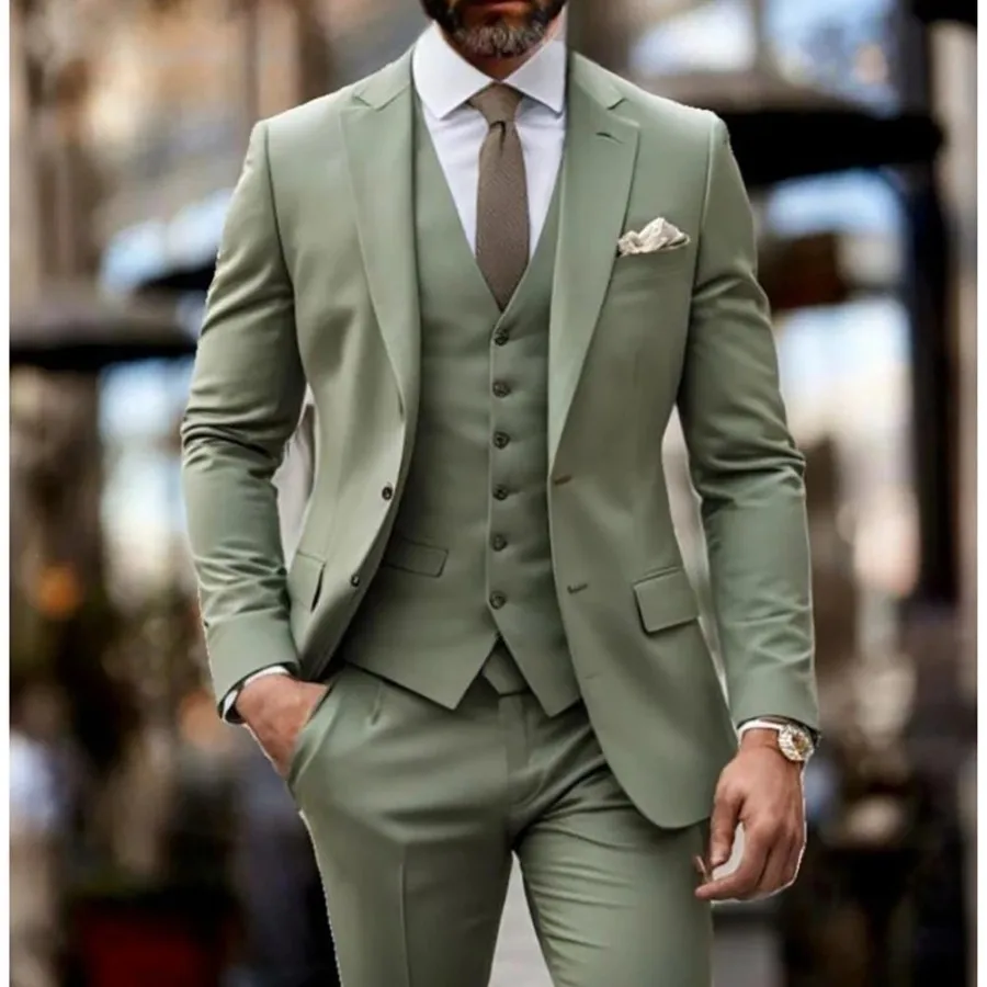 

Green Suits For Men Slim Fit 3 Piece Single Breasted Notch Lapel Formal Jacket Pants Vest Wedding Tuxedos Custom Costume Homme