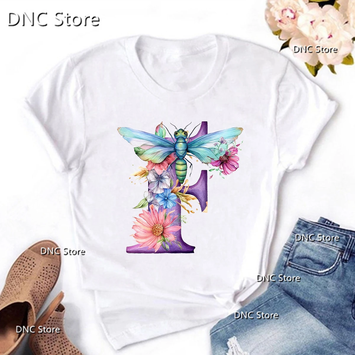 New Women T Shirt Flower Letter Combination Print Tshirt Flower Letter Font A B C D E F G Short Sleeve Female Tees Top Wholesale