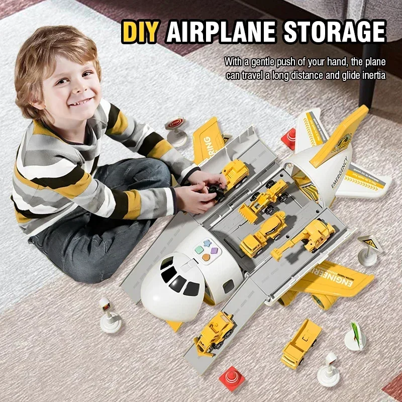 نموذج طائرة تخزين ذاتية الصنع مع 5 سيارات صغيرة متعددة الوظائف لعبة سباق المسار مع ضوء الصوت الجمود مركبة الأولاد هدية عيد الميلاد