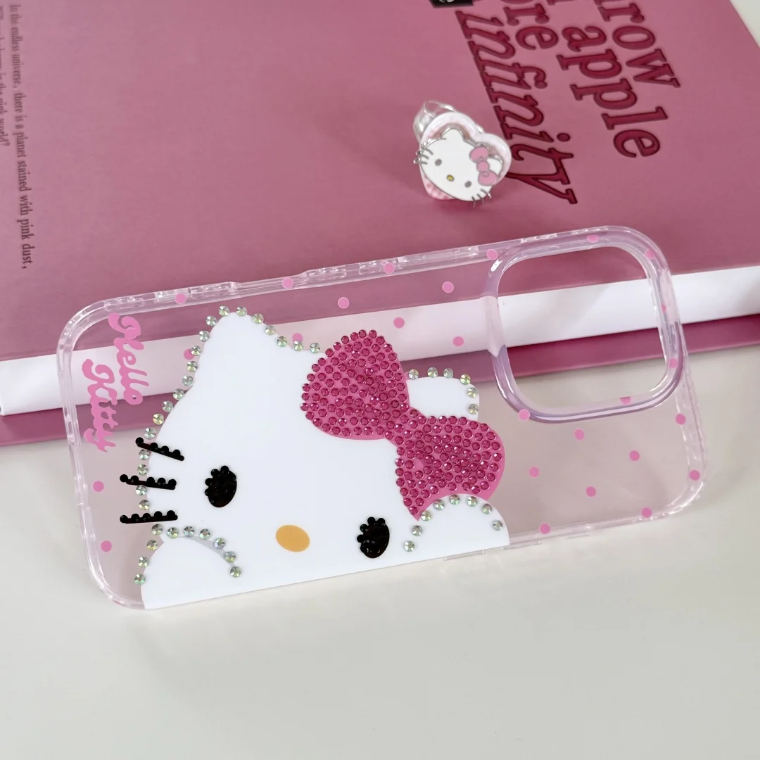 Rhinestone Bling Crystal Hello Kitty Polka Dot Phone Case For iPhone 16 12 13 14 15Pro Max Transparent Bumper Cover With Pendant