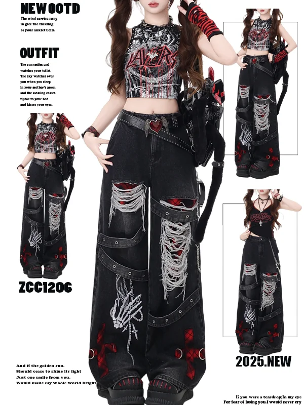 

Original American INS Women's Ripped Denim Jeans Summer New Style Punk Washed Wide Leg Pants High Waist Long Trousers