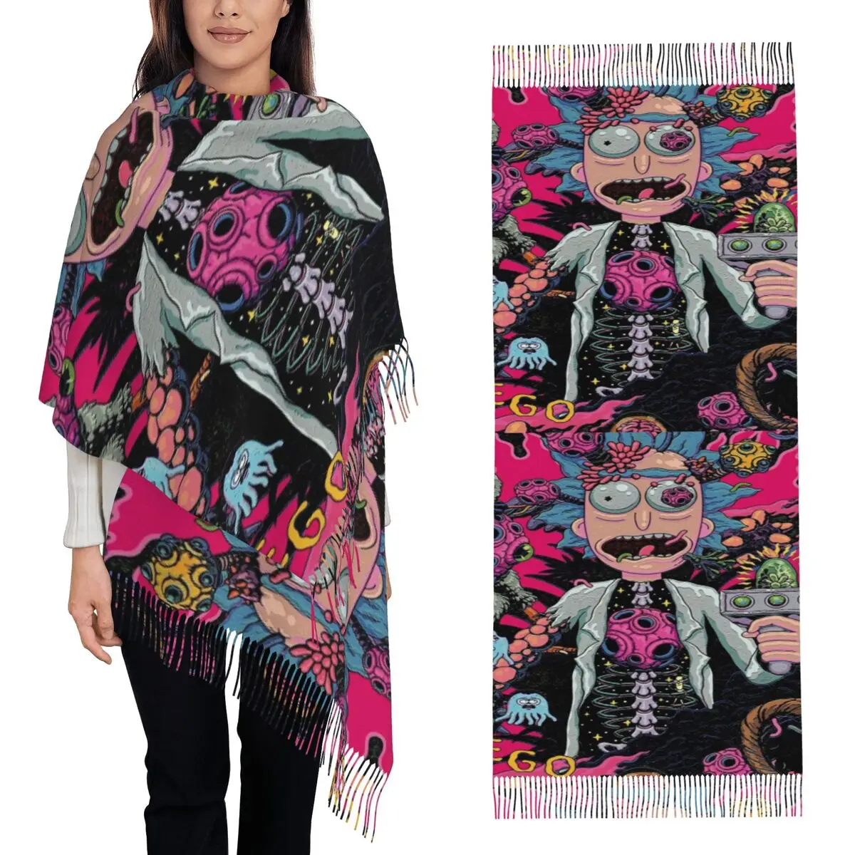 

Ricks Moods Cartoon Anime Scarf Tassel Scarves for Women Soft Warm Shawls and Wraps Large Fall Winter Shawl Wrap