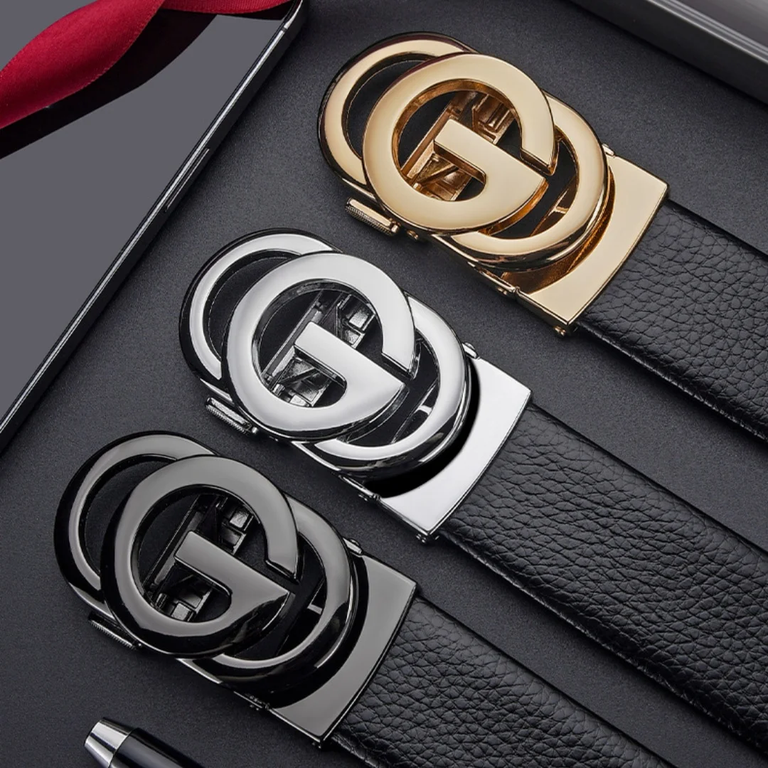 2Pcs Men Automatic Buckle Belt Set, Hollow Double‑Circle Metal Auto‑Lock Buckle, Solid Black Waist Strap for Business Casual