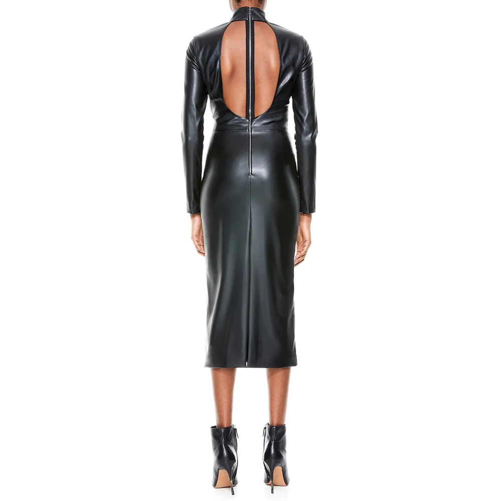 Women's Elegant Long Sleeve Faux PU Leather Pencil Dress, Sexy Zipper, Backless High Neck Midi Dress, Ladies Party Dresses