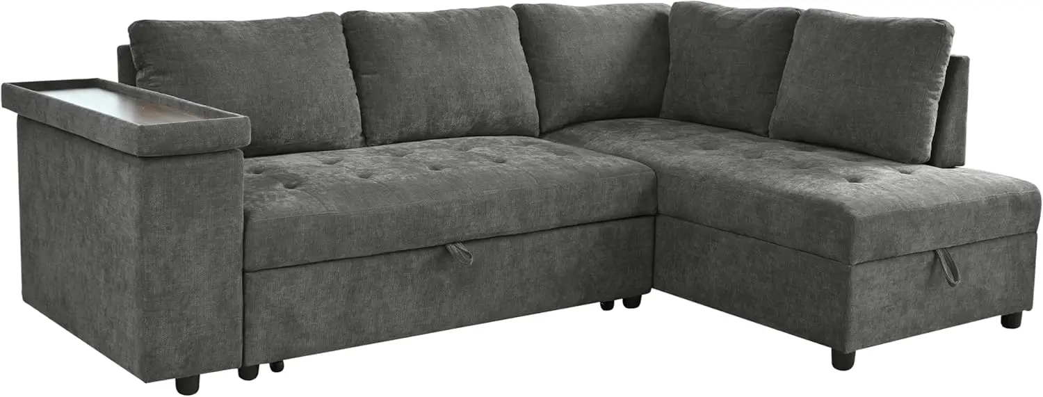 Modern L Shaped Sectional Sofa Corner Couch, Pull-Out Sofa Bed Sleeper With Storage Ottoman And Wide Storage Armrest, Polyester