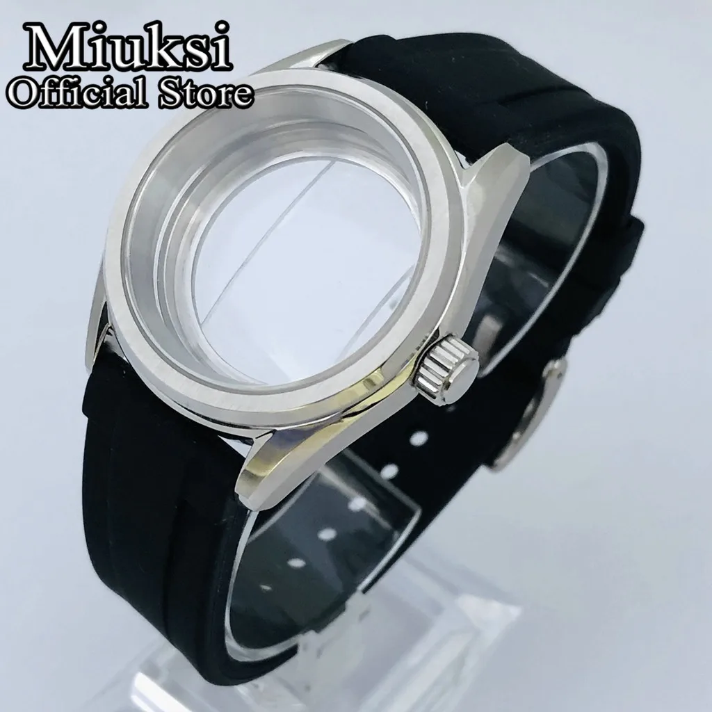 Miuksi 38mm silver watch case sapphire glass black rubber bracelet fit NH35 NH36 NH34 NH38 NH70 NH72 ETA2824 PT5000 movement