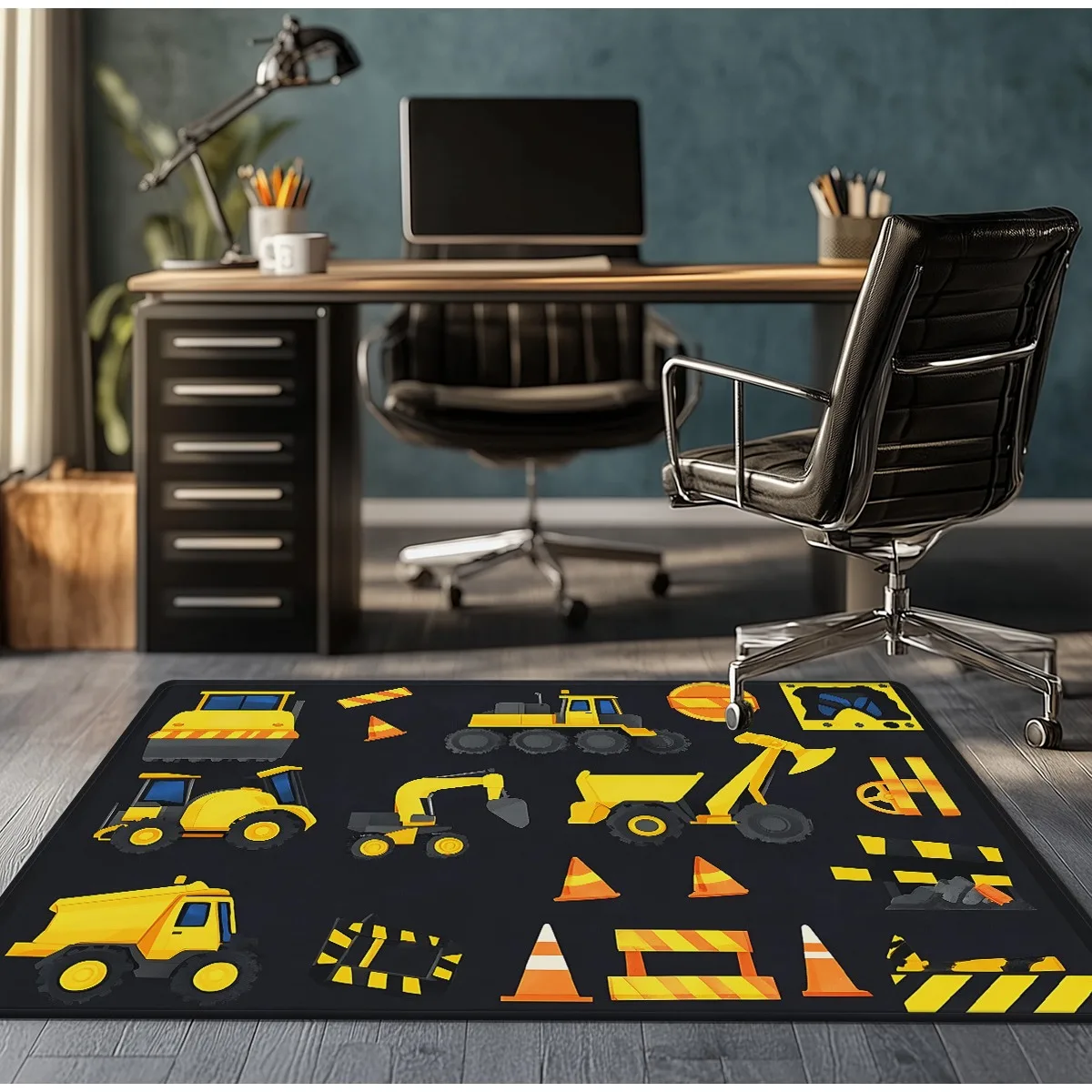 Construction Vehicles Yellow Tractor Truck Crystal Velvet Rug Kids Playroom Floor Mat Building Theme Anti Slip Area Carpet
