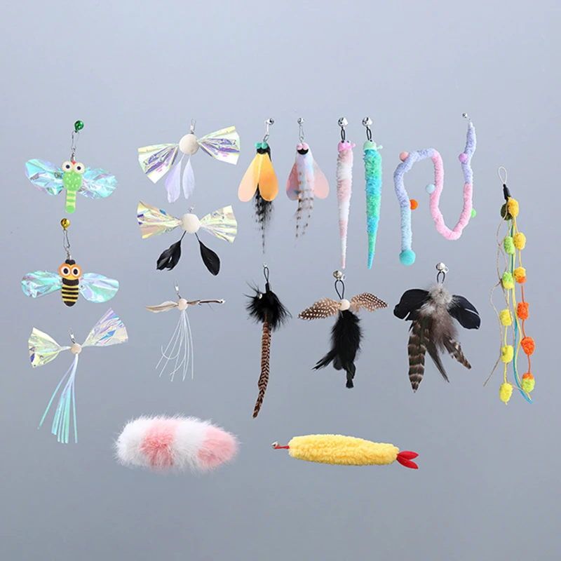 NEW Pet Cat Tease Stick Feather Toy With Bell Cat Teaser Stick Replacement Head Insect Bird Shape Interactive Play Pet Supplies