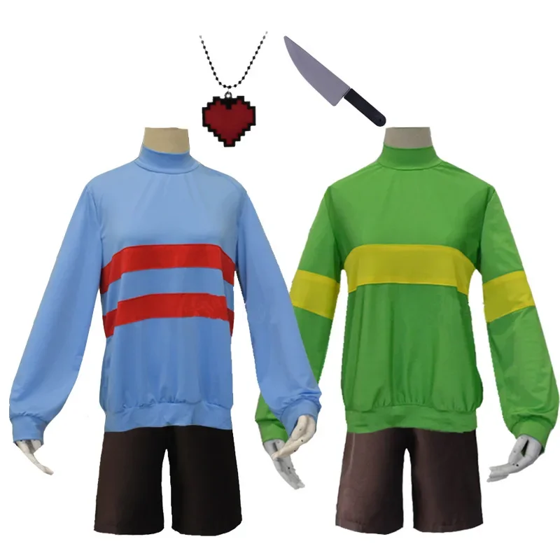 Game Costumes Undertale Frisk Chara Cosplay Costume Andertail Sweatshirts High Collar Hoodie and Shorts Props Knife Necklace