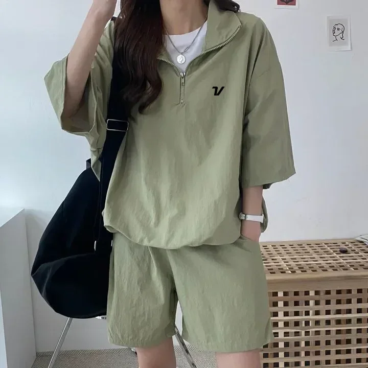 Women's Golf Short-sleeved Shorts Two-piece Summer Fashion Casual Zipper Sportswear Suit Loose Female Golf Clothing