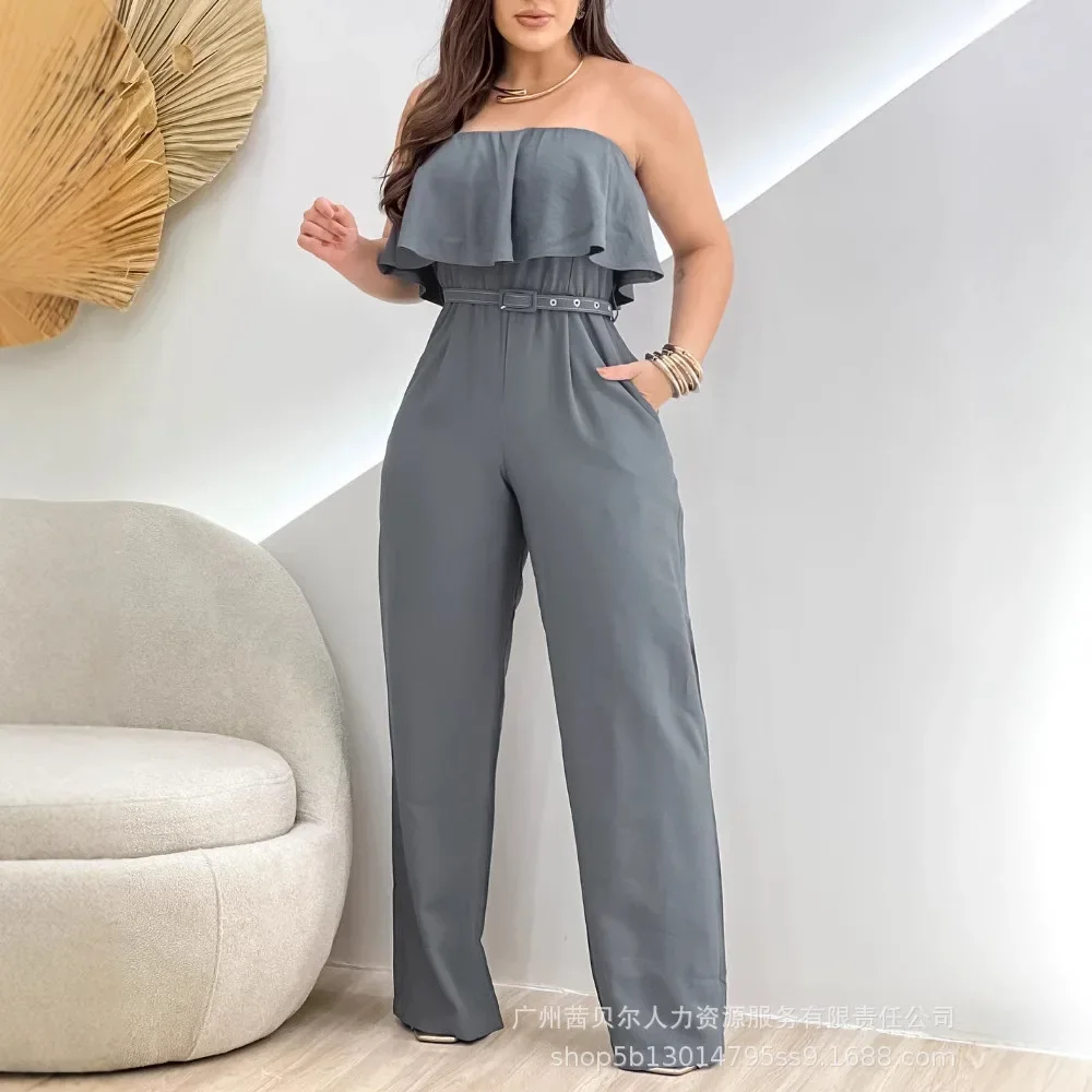 

Women Strapless Sleeveless New Off-Shoulder Ruffle Belt Jumpsuit Overall Pants High Waist Solid Color Fashion