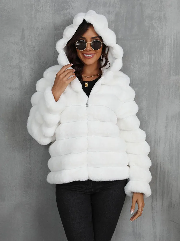 ZADORIN autunno inverno Casual cappuccio Fluffy Pink White Faux Fur Coat donna Ripple Zipper Ladies giacche Fur Faux Coats for Woman