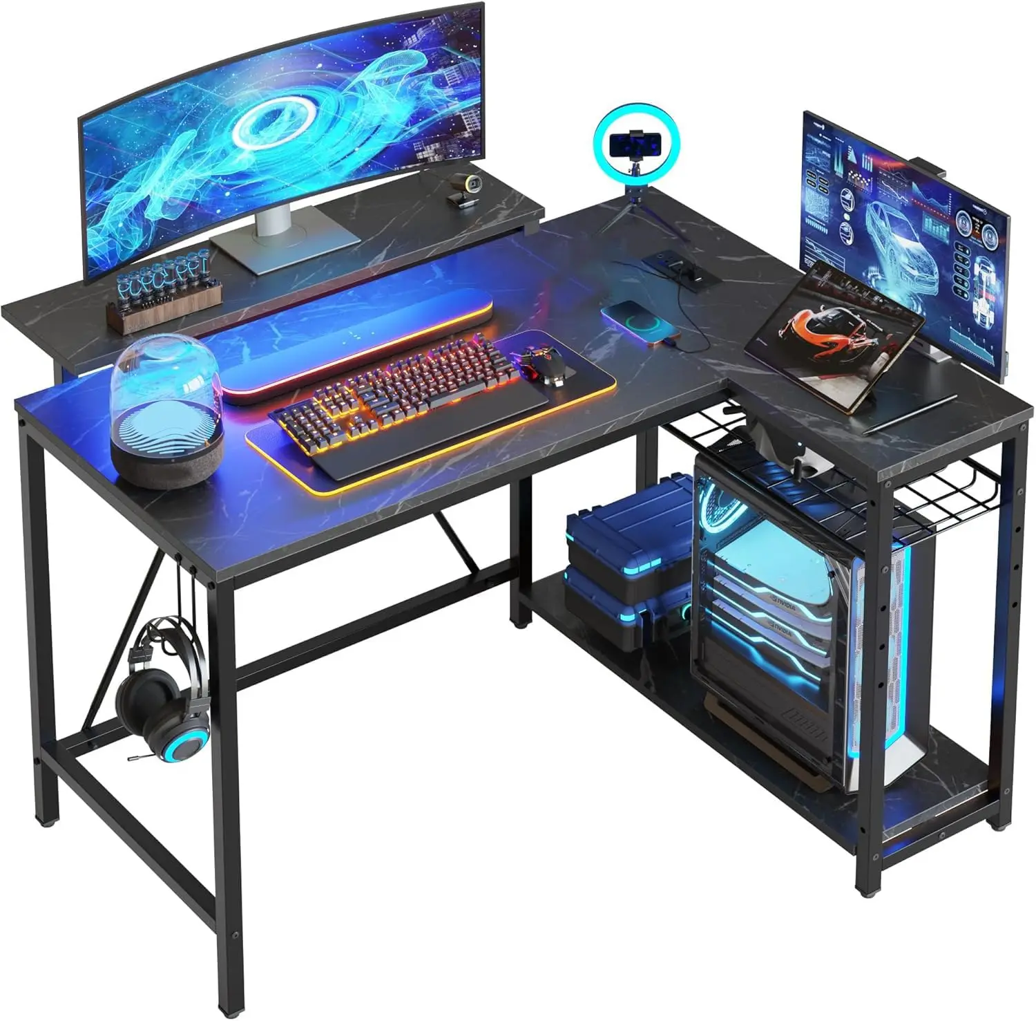 42-Inch L-Shaped Gaming Desk With Charging & LED, Marble Black, Customized