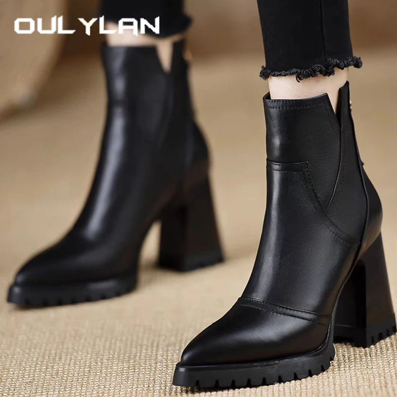 Oulylan سميكة عالية الكعب النساء أحذية ريترو أنيقة عودة زيبر قصيرة التمهيد الخريف الشتاء موضة الأحذية الجلدية الناعمة 34-39