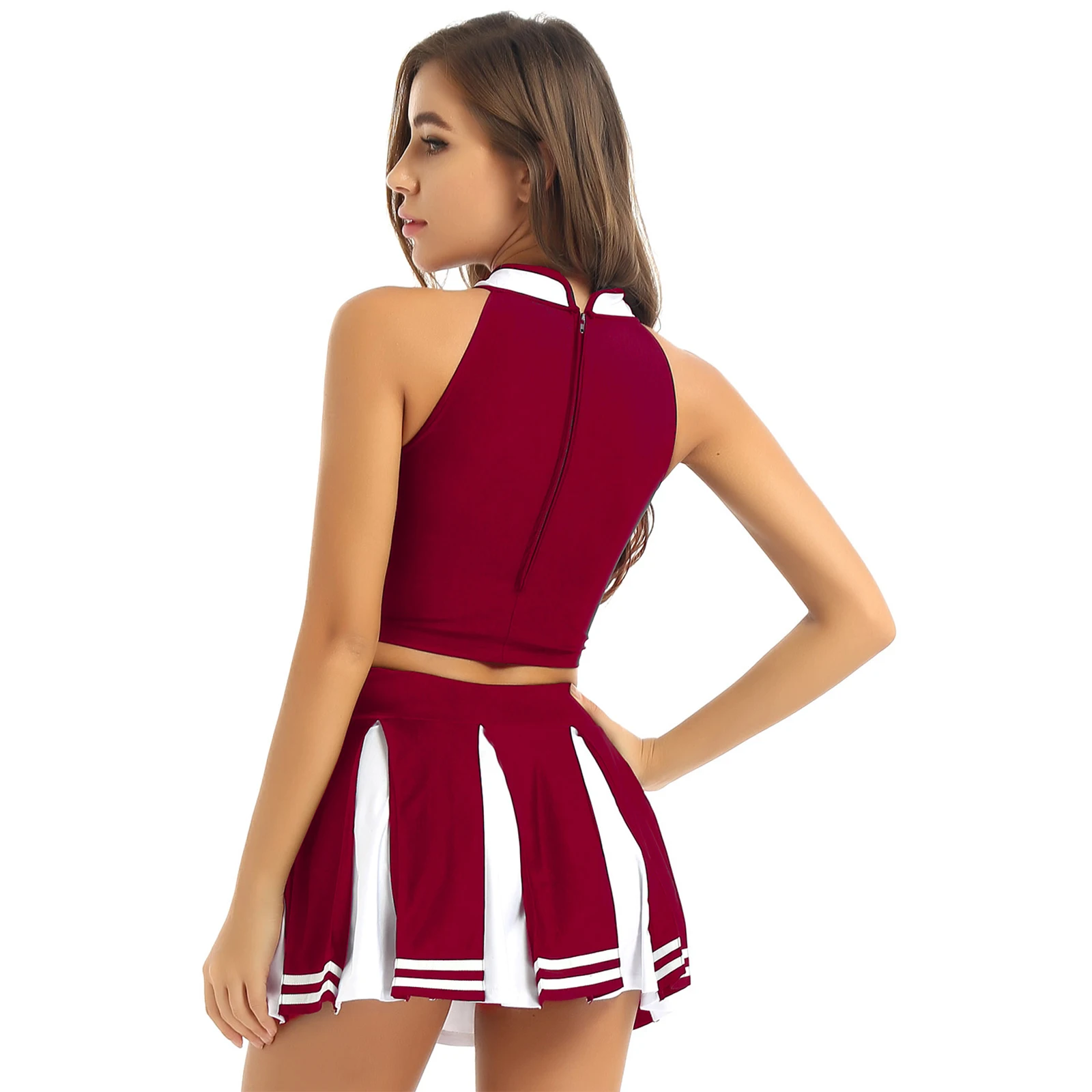 Women Adults Cheerleading Uniform Dance Costume Cheer Cosplay Outfit Stand Collar Sleeveless Crop Top with Mini Pleated Skirt