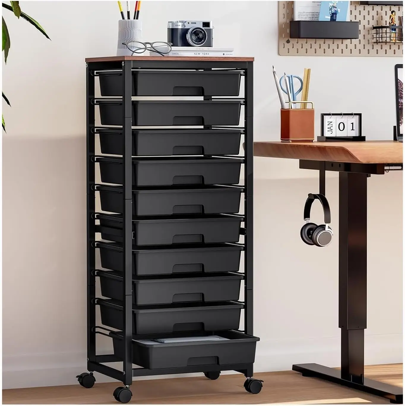 

10-Drawer Rolling Storage Cart with Wooden Tabletop, Black Craft Cart for Classroom and Home Organization