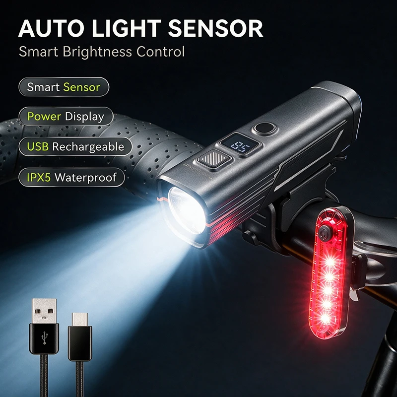 OFFBONDAGE 2 Sets Bicycle Light Front Rear Smart Sense Light USB Rechargeable MTB  Bike Lamp Bike Headlight Cycling Rear Light
