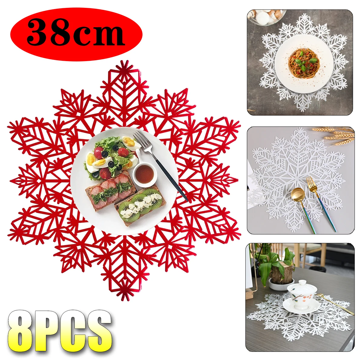 8PCS Christmas Decorative Placemats Snowflake Shaped Cutlery Mat Hollow Insulated Non-slip Coasters Home Christmas Decorations